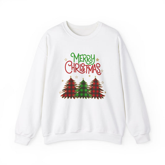 Merry Christmas Crewneck Sweatshirt - Plaid Christmas tree design, holiday spirit top