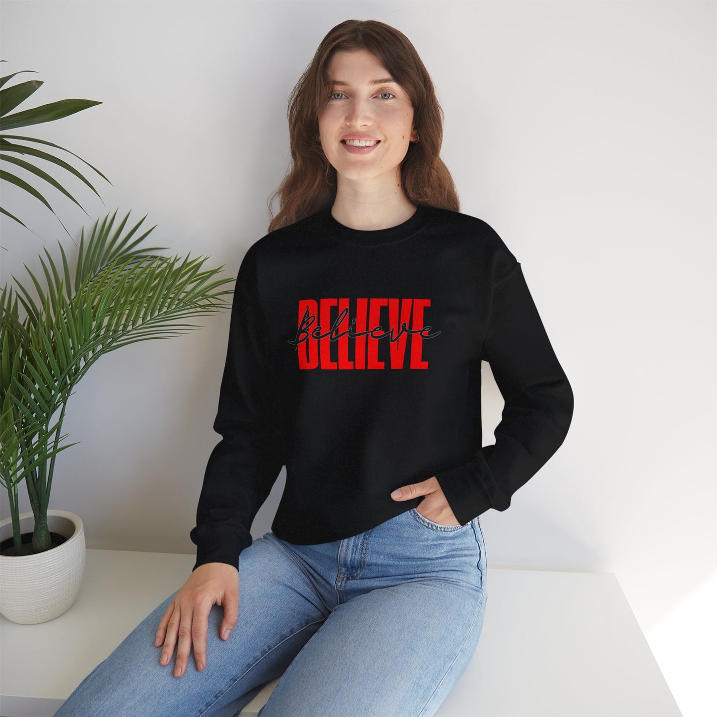 Believe Unisex Sweatshirt, Uplifting Motivational Christmas Crewneck Jumper, Red Black Letters, Holiday Gift, Winter Apparel, Inspirational