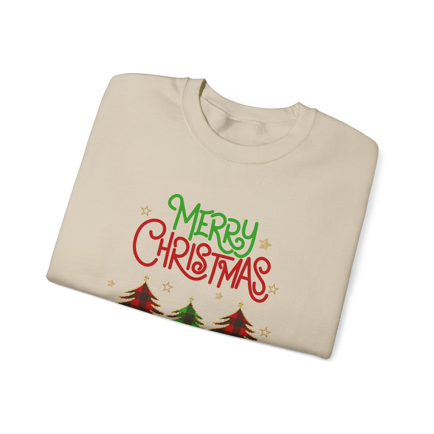 Merry Christmas Crewneck Sweatshirt - Plaid Christmas tree design, holiday spirit top