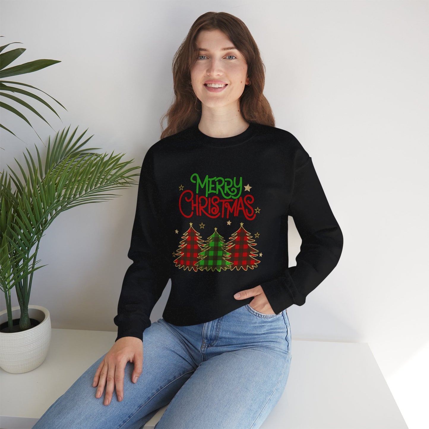 Merry Christmas Crewneck Sweatshirt - Plaid Christmas tree design, holiday spirit top