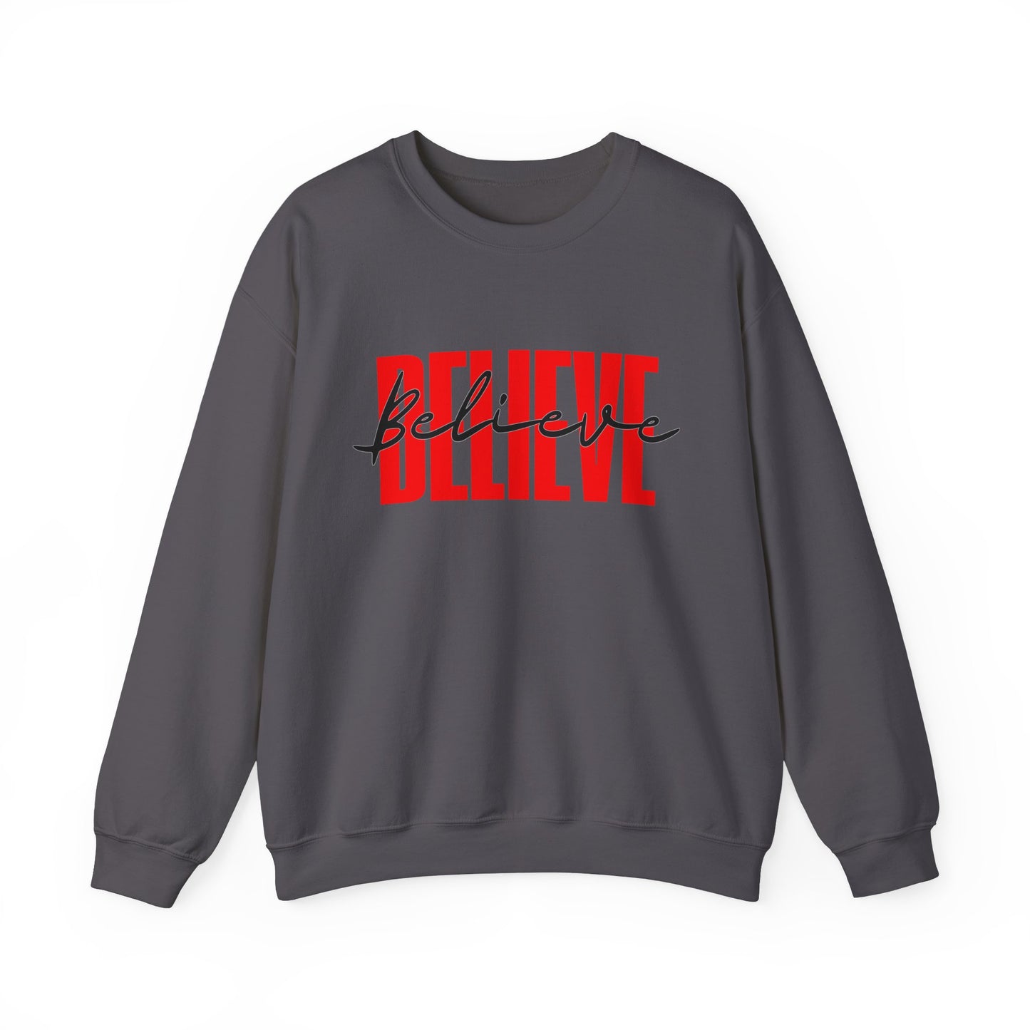 Believe Unisex Sweatshirt, Uplifting Motivational Christmas Crewneck Jumper, Red Black Letters, Holiday Gift, Winter Apparel, Inspirational