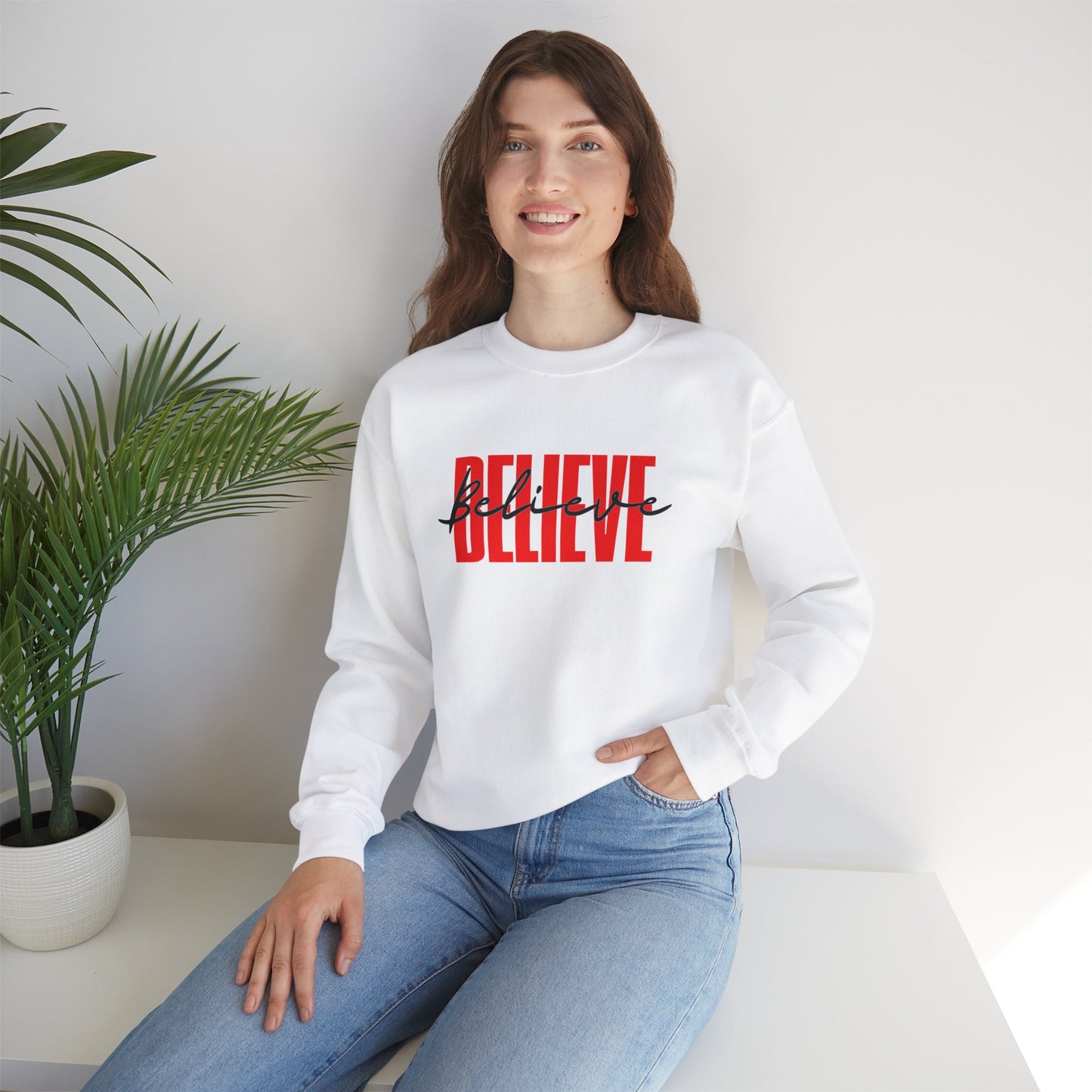 Believe Unisex Sweatshirt, Uplifting Motivational Christmas Crewneck Jumper, Red Black Letters, Holiday Gift, Winter Apparel, Inspirational