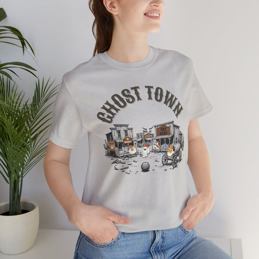 Ghost Town Unisex Jersey Short Sleeve Tee, Western Ghost apparel, Cowboy ghost shirt, Halloween shirt