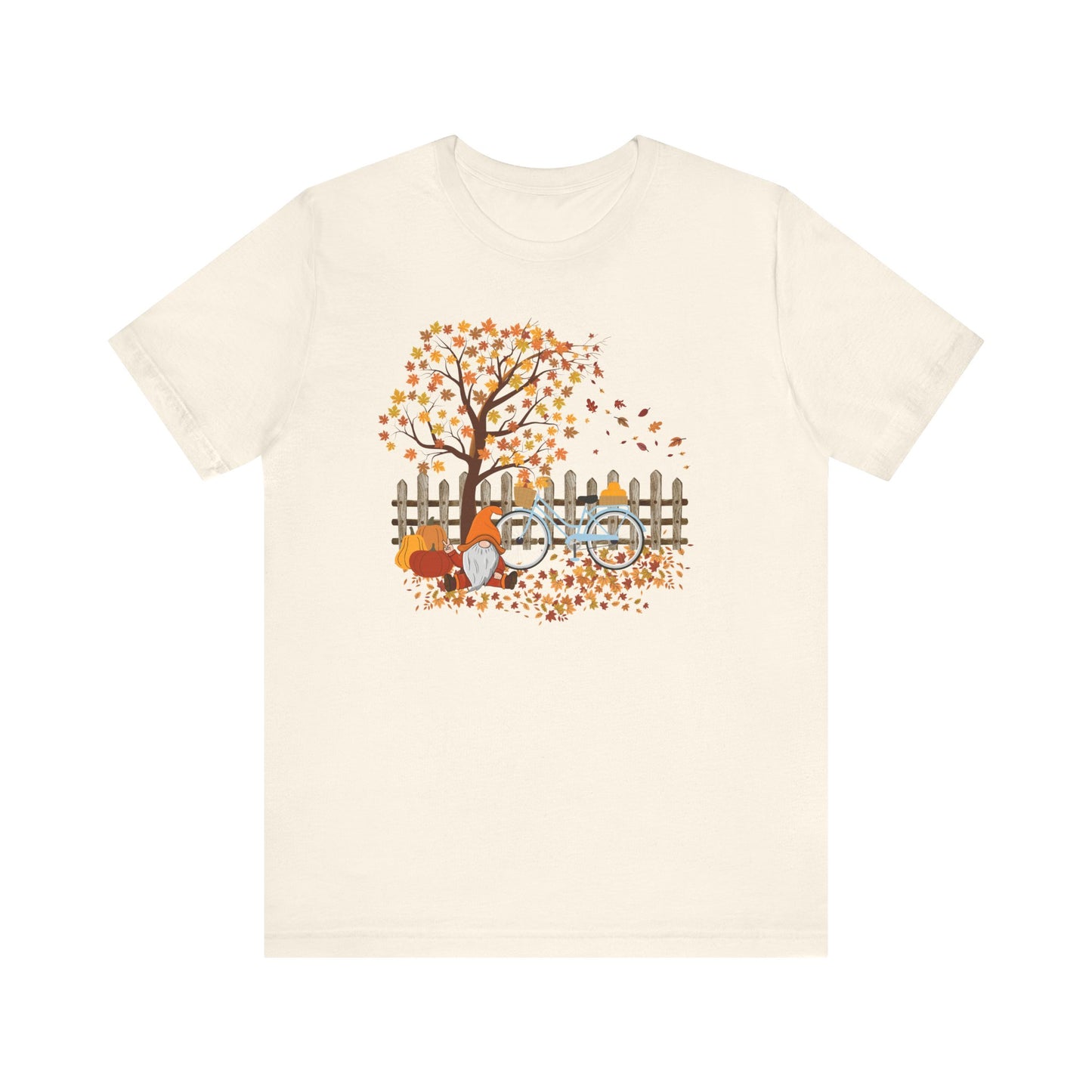 Cozy Autumn Vibes Gnome T-Shirt – Fall Bicycle & Pumpkin Design