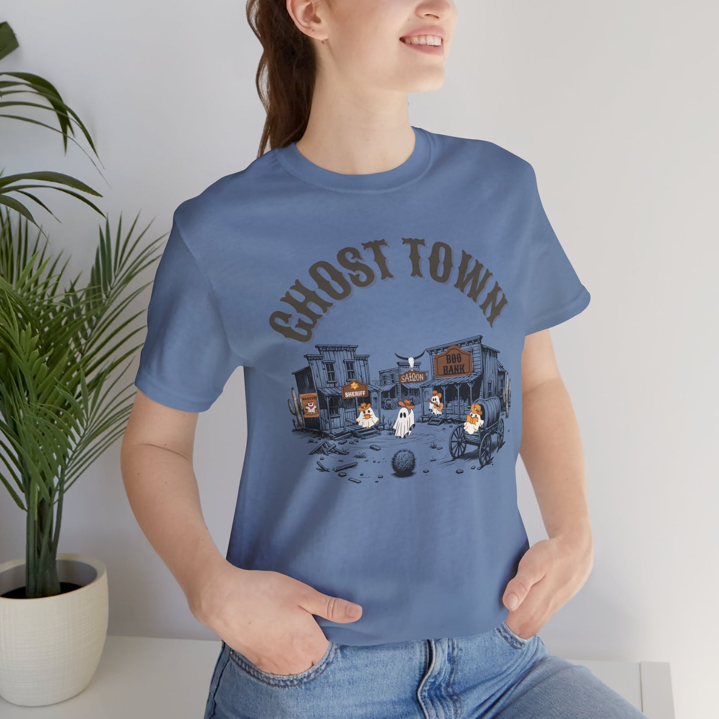 Ghost Town Unisex Jersey Short Sleeve Tee, Western Ghost apparel, Cowboy ghost shirt, Halloween shirt