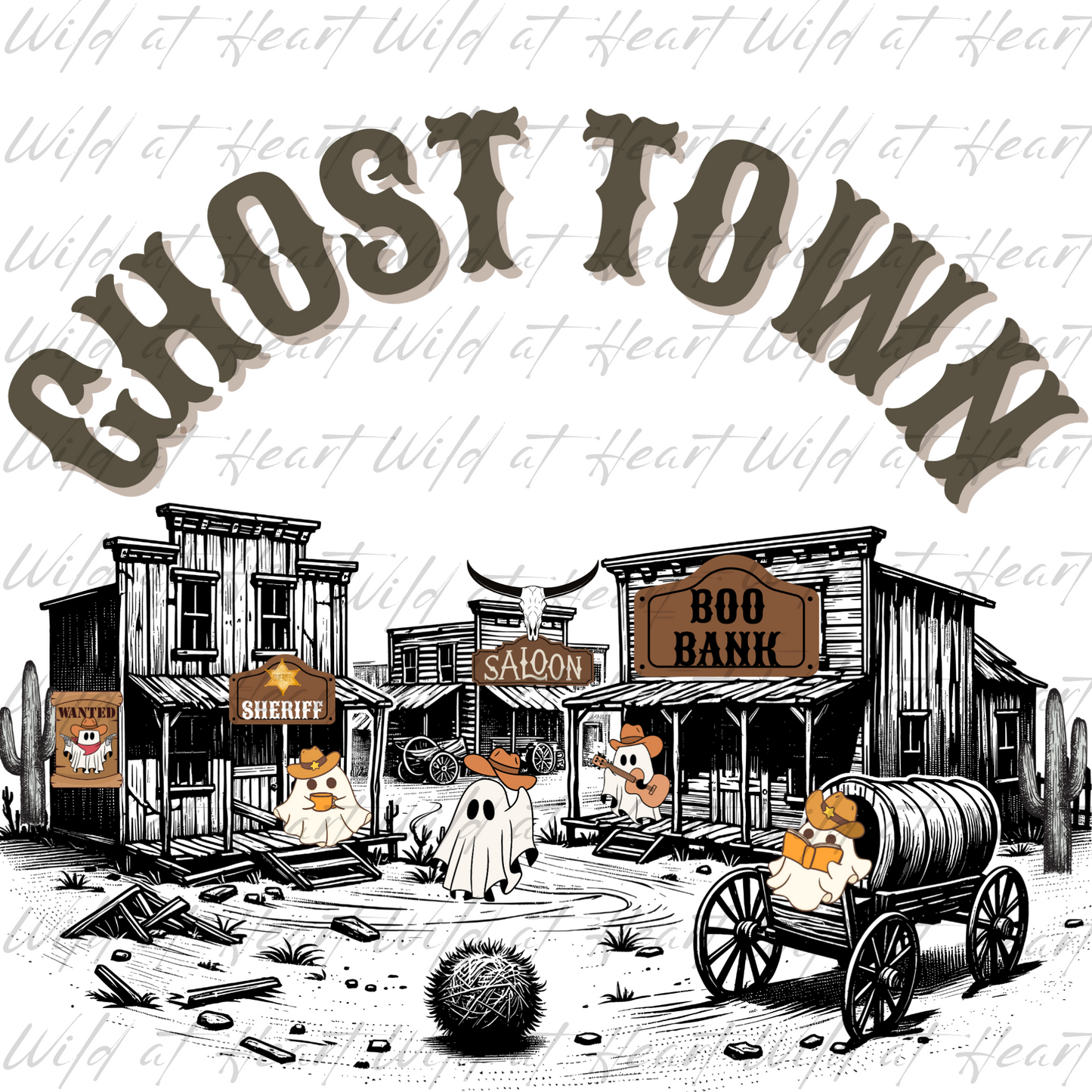 Ghost Town Western Halloween Scene with Cute Ghosts - Spooky Cowboy Theme